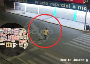 Surveillance still: a man in a yellow shirt is circled on a nighttime street; inset shows cash, coins, and a handgun as evidence note.