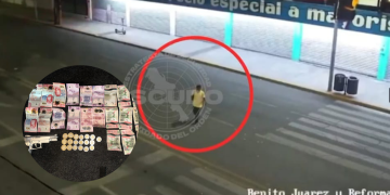 Surveillance still: a man in a yellow shirt is circled on a nighttime street; inset shows cash, coins, and a handgun as evidence note.