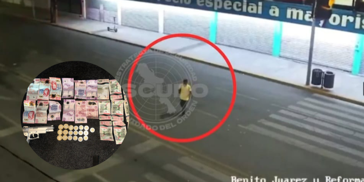 Surveillance still: a man in a yellow shirt is circled on a nighttime street; inset shows cash, coins, and a handgun as evidence note.
