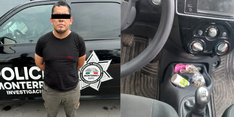 Man standing with hands behind back next to a police vehicle marked 'Policia Monterrey'—suspect in custody. The vehicle displays a badge and text emphasizing investigation.