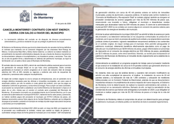 Two pages of an official Gobierno de Monterrey document about a contract with Next Energy, set against a background of solar panels relief lighting the scene.