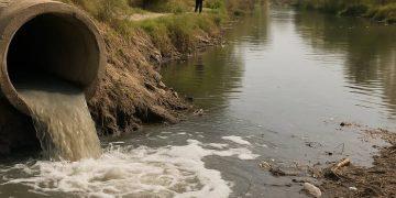 Concrete pipe discharging murky water into a canal; a person stands in the background on the bank.