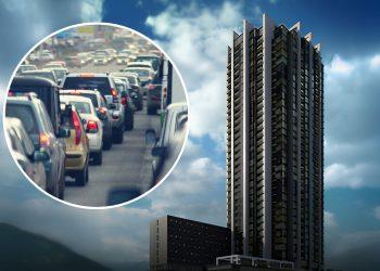 Edificio en un clima nublado y una pequeña imágen en forma de círculo del tráfico