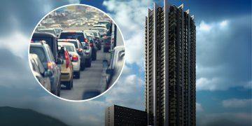 Edificio en un clima nublado y una pequeña imágen en forma de círculo del tráfico