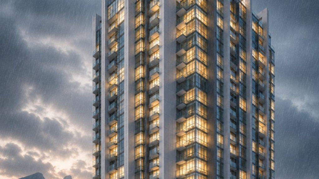 Edificio con iluminación interna con un fondo de cielo nublado